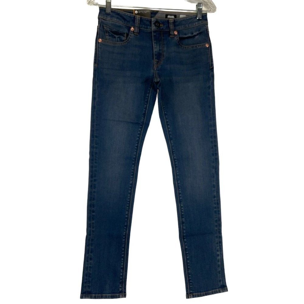 Volcom Jeans Youth Sz 26 Blue Solver Tapered Mid Rise Modern Stretch Denim Nwt